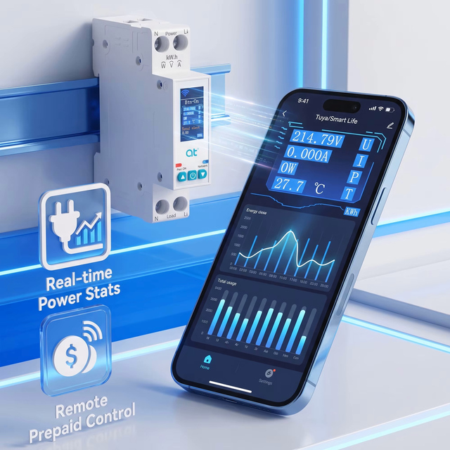 63A WiFi Smart MCB Circuit Breaker with Color LCD Energy Monitoring Meter Prepaid Switch for Tuya Smart Life Alexa