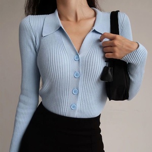 Suéter de Punto para Mujer, Otoño-Invierno 2024, Nuevo Estilo, Cuello Camisero con Botones, Manga Larga, Corte Ajustado y Color Sólido - Product Image 6