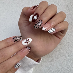 <span class=keywords><strong>Uñas</strong></span> Postizas Hechas a Máquina con Punta Francesa, Diseño de Estrella, Leopardo, Diamantes de Imitación <span class=keywords><strong>y</strong></span> Lazo, <span class=keywords><strong>Uñas</strong></span> Postizas Cortas Ovaladas Reutilizables, Venta al por Mayor - Product Image 3