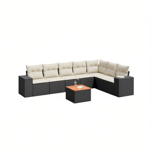 Conjunto de sofá de jardín color crema, blanco y negro con cojines, 6 plazas, muebles de ratán para exteriores, diseño contemporáneo - Product Image 1