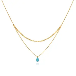 Fine Jewelry Double Layer Stainless Steel Opal Blue Tear Drop 18K Gold Plated Layered Necklace For Women
