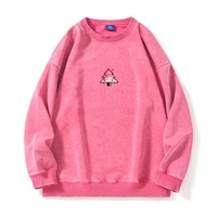 OEM ODM Sweatshirt Natal Bordir Kustom 450GSM Berlapis Fleece Kerah Bulat Vintage Washed Oversized Grosir Liburan