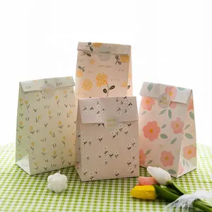 Caja para hornear aperitivos de regalo Floral pintada a mano, pequeña bolsa de papel de bolsillo plano mezclado de cartón fresco