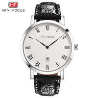 Montre à quartz minimaliste, cadran blanc, chiffres romains, boîtier argenté, bracelet en cuir d'alligator, montre-bracelet avec date