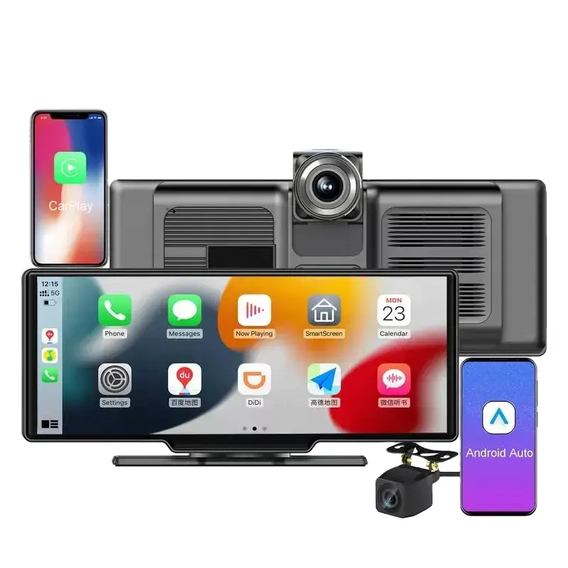 Yeni 10.26 inç çift BT Stereo çift lensli araba DVR kamera Android Auto Car radyo kablosuz Carplay çizgi kam