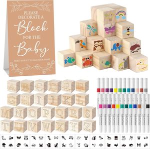 Kit de juego de bloques para baby shower de 117 piezas, incluye 52 bloques de madera, 24 marcadores, 1 cartel de juego, 40 plantillas y pintura (Kraft) - Product Image 3