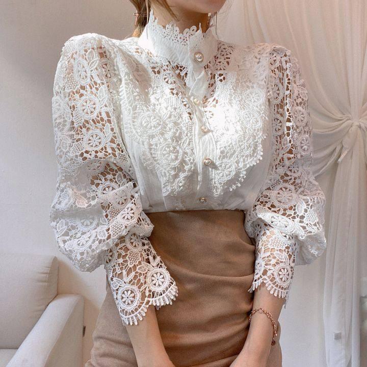 Petal Sleeve Stand Collar Hollow Out Flower Lace Patchwork Shirt Femme  Blusas All-match Women Blouse Chic Button White Top