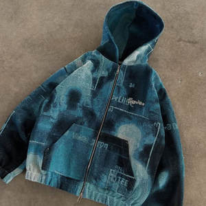 Felpa con Cappuccio Vintage in Denim Pesante con Zip Intera, Taglio Grezzo, Stampa Grafica Integrale e Stile Street - Product Image 2
