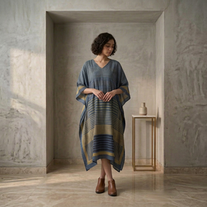 Vestido Kaftán de Rayón Estampado de Lujo para Mujer, Largo hasta la Rodilla, Corte en A, Cómodo para Vacaciones en la Playa o Resort - Product Image 1