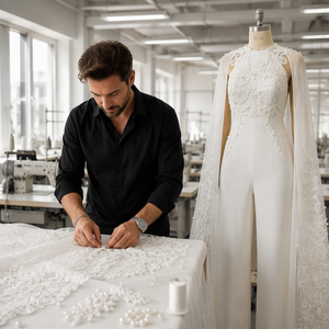 <span class=keywords><strong>Tuta</strong></span> <span class=keywords><strong>da</strong></span> <span class=keywords><strong>Sposa</strong></span> 2026 Elegante con Ricami in Pizzo e Perle, Romper Nuziale con Mantella Trasparente, Pantalone a Gamba Larga, Bianco, Personalizzabile OEM/ODM - Product Image 4