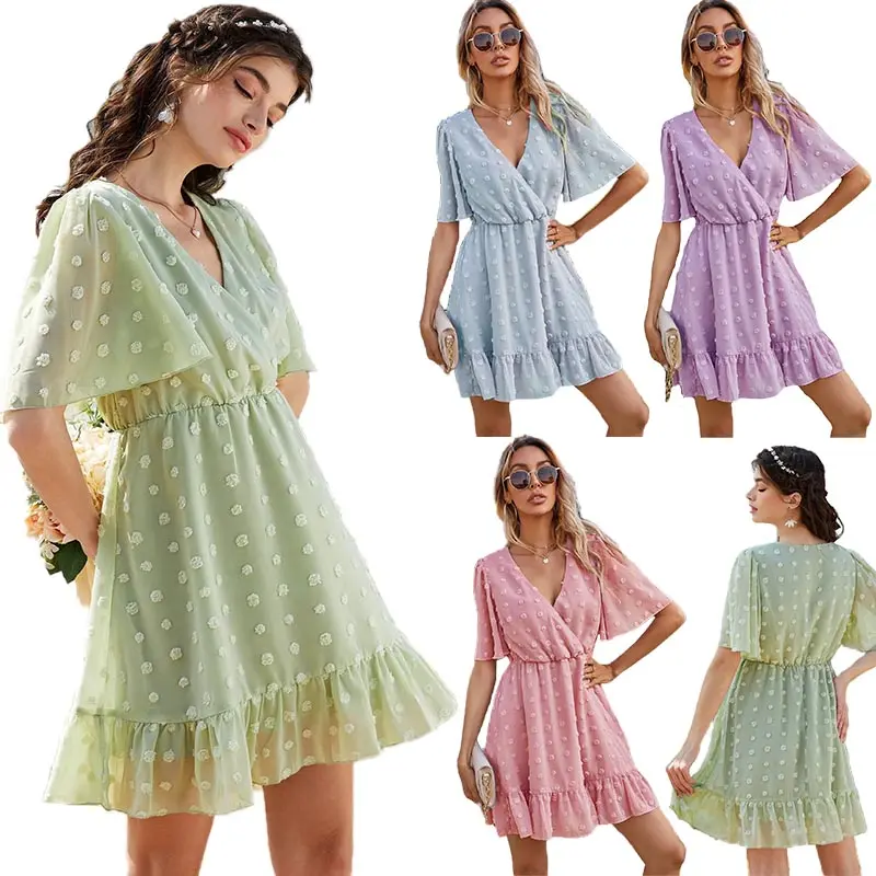 Robe courte à volants en mousseline de soie pour femme, tenue décontractée d'été, couleur unie, manches courtes, col en v