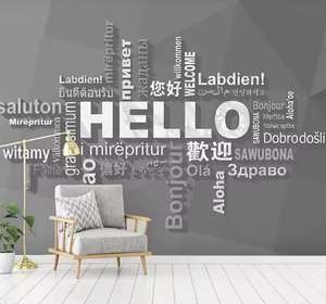 Papier peint Hello multilingue | Salutation internationale murale en PVC imperméable facile pour le papier peint 3d Global Spaces - Product Image 3