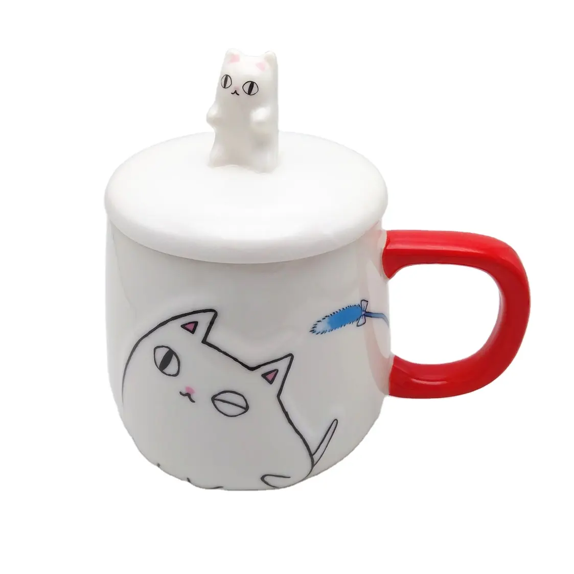 Joinste-セラミックホワイトエンボスマグ250 ml輸出日本猫のふた付き高品質セラミックマグ