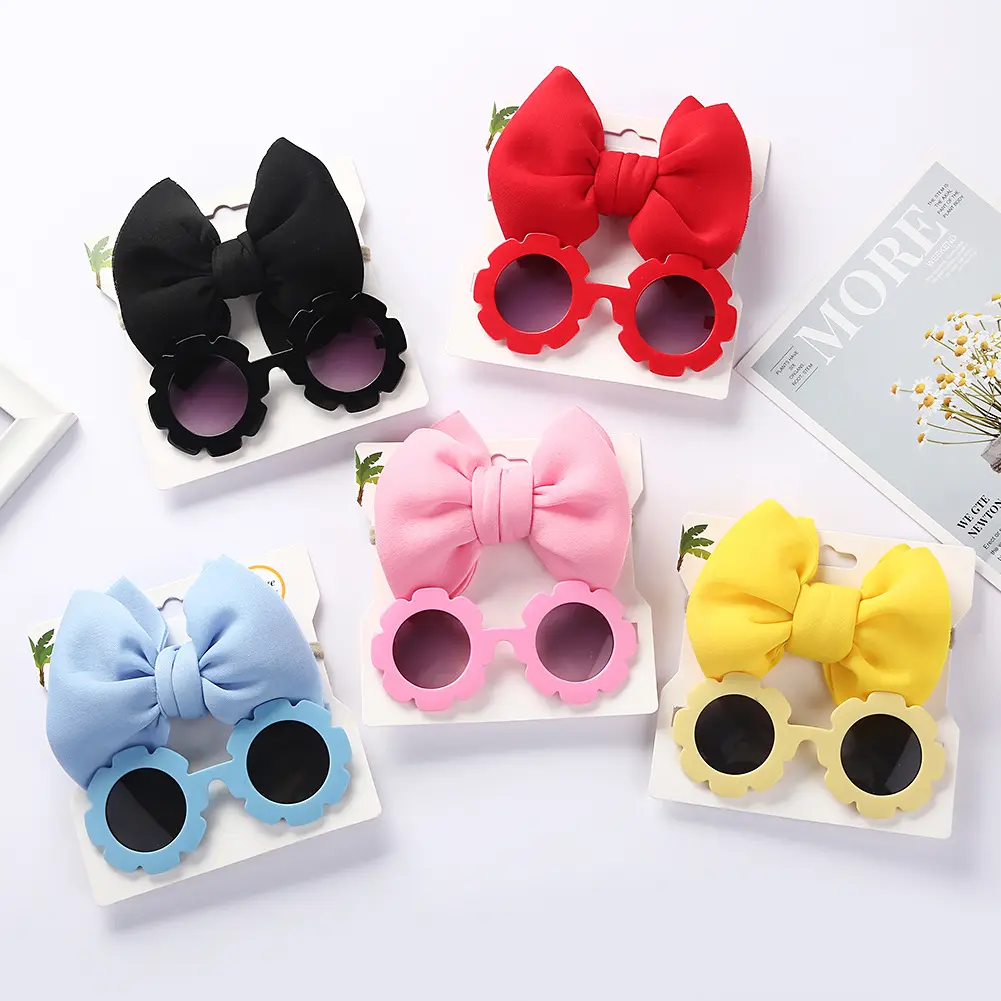 Óculos de sol anti-UV para bebês, meninas e meninos, conjunto de óculos de sol com laço e laço para recém-nascidos, acessórios para cabelo, presente fofo coreano
