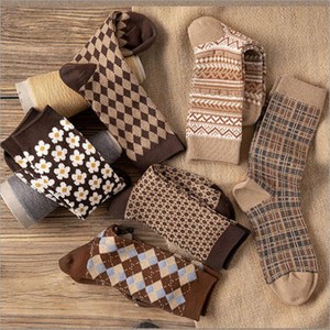 Mid-Calf Women's Coffee Color Autumn Winter Warm Forest Style Japanese Retro Slouch Printed Polyester/Cotton Blend College <strong>Socks</strong> - Product Image 1
