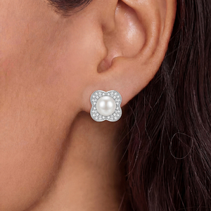 Copper Full Pave CZ <b>Four</b> <b>Leaf</b> Flower White Pearl Stud <b>Earrings</b> for Women Zircon Floral Pearl Jewelry Bridal Wedding Gift - Product Image 5