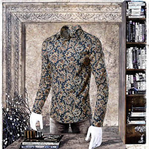 男士100% 棉印花休闲长袖衬衫透气舒适单排扣立领春季时尚 - Product Image 4