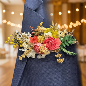 Boutonnière de fleurs séchées, mélange de corail jaune vert naturel, pour mariage BU-022 - Product Image 2