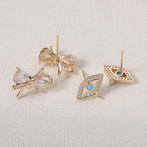 고품질 풀 인레이 지르콘 보우 스터드 귀걸이 금도금 터키석 속이 빈 눈 모양 귀걸이 부품 루프 포함 제작용 - Product Image 2