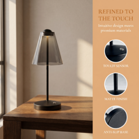 Lampe de table sans fil de luxe pour restaurant et patio, étanche IP54, rechargeable, à intensité variable en continu, avec abat-jour fumé, pour extérieur