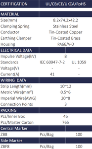 Bornier <span class=keywords><strong>de</strong></span> rail DIN FJ7-6/D3 41A, connecteur <span class=keywords><strong>de</strong></span> fil poussoir sans outil pour 0.5-6mm ² (22-10 AWG), homologué UL - Product Image 3