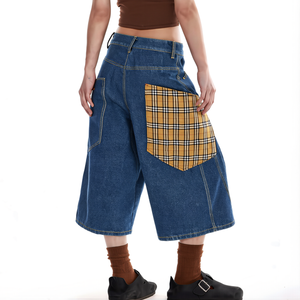 Shorts Vaqueros Anchos Vintage para <span class=keywords><strong>Mujer</strong></span>, Estilo Británico Retro, Pantalones de Siete Puntos Lavados con Bolsillos Cosidos con Cuadros Escoceses - Product Image 4