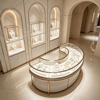 Vitrine d'exposition de bijoux LED avec comptoir en verre incurvé et cadre doré pour la vente au détail