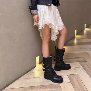 Bottes de <span class=keywords><strong>moto</strong></span> pour femme Source Factory 2026, nouvelle collection, style Mui High, rétro, couleur unie, en microfibre, à talon épais, avec boucle, style Old Western - Product Image 3