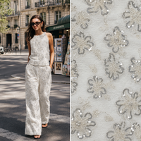 Tissu en polyester 100% tricoté avec broderie de sequins floraux blancs, motif floral bicolore, pour robe de soirée ou de mariage pour filles