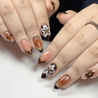 Faux ongles à presser, longs, forme amande, marron, French manucure, motif floral 3D, imprimé léopard, clous dorés, couverture complète, nail art