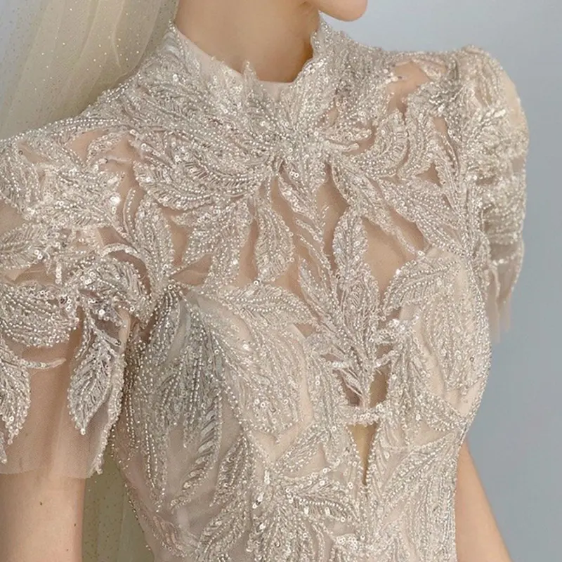 Wholesale price short wedding dress bridal gown korean luxury beaded crystal appliques white lady wedding dress