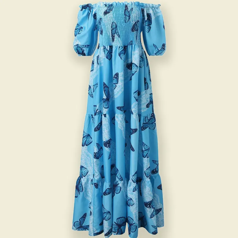 HL wholesale high quality summer party beachwear slant shoulder dress women custom high waist mesh satin floral boho dress