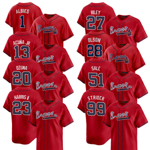 Maillot de baseball des Braves pour homme, rouge, manches courtes, imprimé par sublimation, respirant, polyester, coupe classique, nom de l'équipe et logo avant pour adulte - Product Image 1