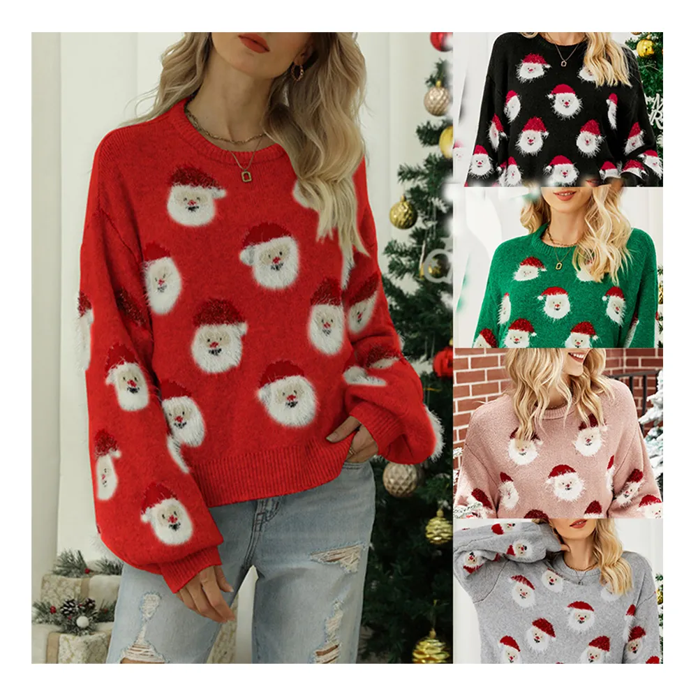 Casual Autumn Winter Woman Red Christmas Santa Claus Pullover Knit Top Women Sweater