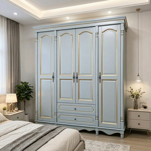 Armario de Madera Maciza Premium Gold Line, Armario de 4 Puertas con Panel Curvo y 2 Cajones de Almacenamiento para Dormitorio Principal Estilo Rústico - Product Image 1