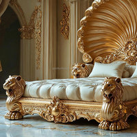 Lit en bois massif sculpté de luxe français, style baroque, pour chambre à coucher, villa, palais, lit lion sculpté à la main en bois doré