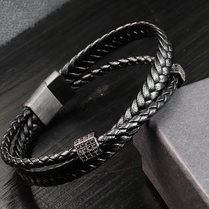 Men's Hand-Woven Multi-Layer <b>Bracelet</b> Black Genuine Leather Cord with Stainless Steel and Rhinestone Accents - Product Image 3