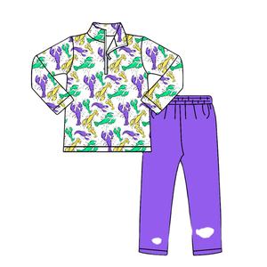 BLP1417 Ensemble de vêtements pour bébé garçon, style western, imprimé violet, vert et jaune, tenue d'été, vente en gros, ensemble de Mardi Gras - Product Image 3