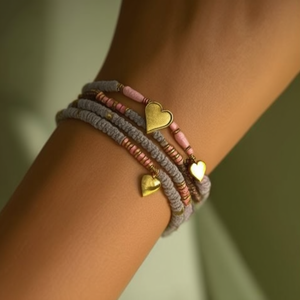 Fashion Beaded <b>Bracelets</b> <b>Set</b> Pink Gray Gold Tone Heart Charm 316L Stainless Steel PVD Plated Sustainable Resistant Jewelry - Product Image 3