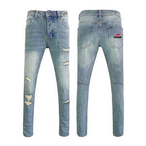 Jeans Dritti Personalizzati di Alta Qualità Street Boy Lavati Colori Chiari Strappati da Uomo - Product Image 2