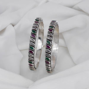 Handcrafted 925 <b>Silver</b> Floral <b>Bangles</b> with Ruby and Emerald Accents Traditional <b>Indian</b> Fine Jewelry for Women - Product Image 3