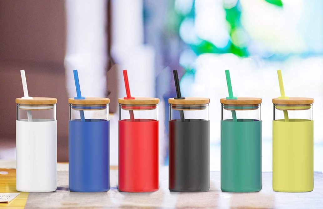 20oz Glass Tumbler Glass Water Bottle Straw Silicone Protective Sleeve Bamboo Lid