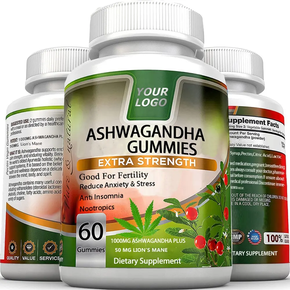 De Ashwagandha orgánica KSM 66 de extracto de raíz de refuerzo inmune suplemento Ashwagandha gomitas con melena de León