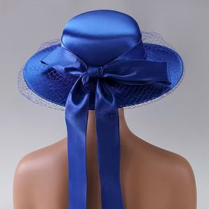 Nouveau chapeau de soleil tendance pour femmes Kentucky Derby à large bord chapeau de fête de mariage d'église en satin avec voile en maille et gros nœud papillon - Product Image 4