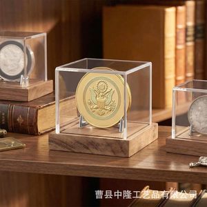 Boîte de présentation pour pièces de monnaie en acrylique, socle pour médailles et récompenses de vétéran, couvercle transparent en bois anti-poussière, boîte de rangement pour pièces commémoratives - Product Image 1