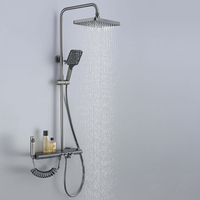 Ensemble de douche mural thermostatique carré en laiton brossé gris anthracite avec jets doux et modes de pulvérisation pluie pour salle de bain