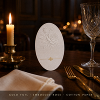 Carte d'invitation de mariage ovale personnalisée avec estampage à chaud doré, motif floral rose en relief, carte de menu blanche pour table de dîner et banquet