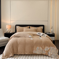 Parure de lit 4 pièces pour filles en velours de lait polyester, brodée de pivoines, épaisse, moelleuse et douce, de qualité supérieure et de luxe, pour l'hiver