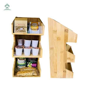 Gran oferta, soporte de almacenamiento de madera de 3 niveles para condimentos, café, té, bolsa, accesorios, organizador de estación de café de bambú con acrílico