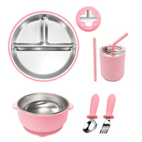 Ensemble de vaisselle pour bébé en acier inoxydable 304 et silicone, comprenant un bol à ventouse, une assiette compartimentée, une tasse, une cuillère et une fourchette pour tout-petits